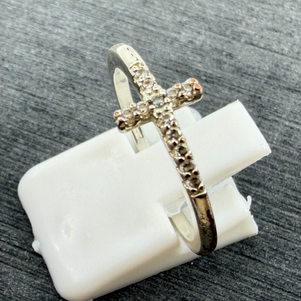 Silver Tone Cross Ring with Sparkling Stones Delicate Band Spiritual Symbol Gift